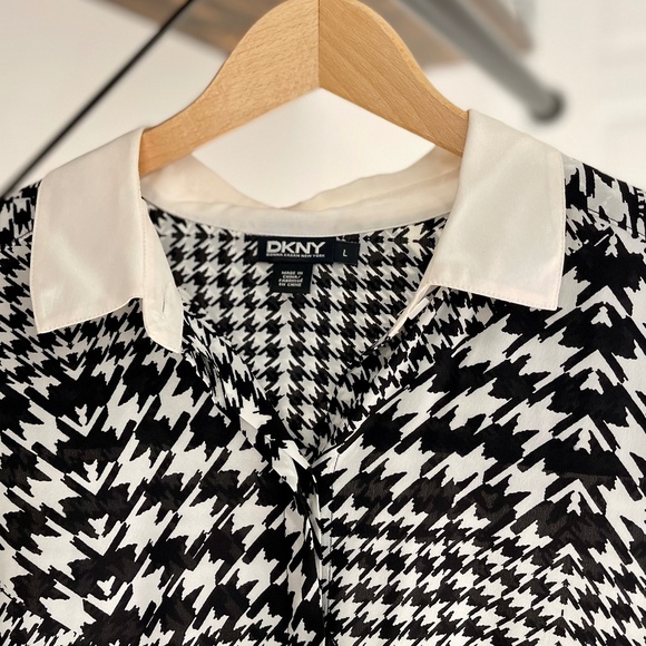 SALE! DKNY Shirt-Dress Black & White Houndstooth Pattern, Silk: Size L - Picture 5 of 10